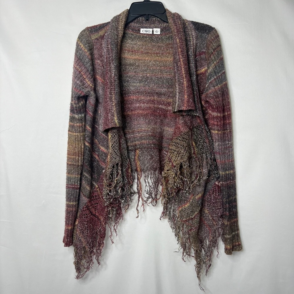 Cato Open Front Fringe Cardigan M Boho Striped Lightweight Knit Festival Earthy